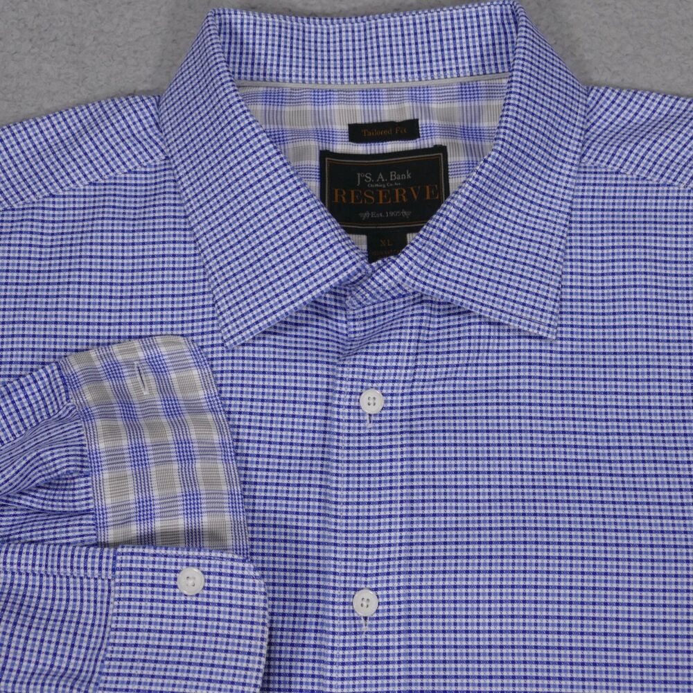 Jos A Bank Reserve Shirt Mens XL Tailored Fit Blue Plaid Long Sleeve